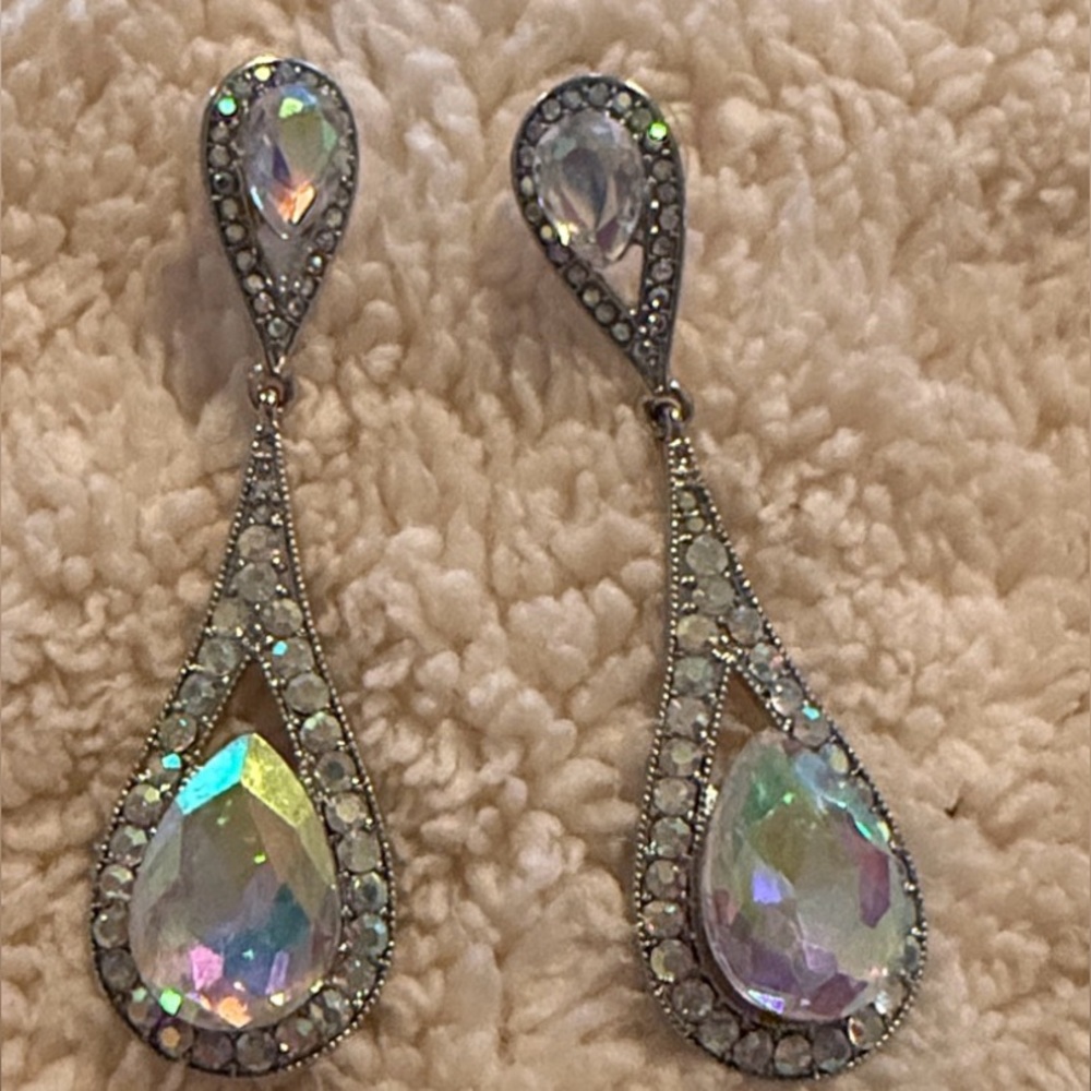 Iridescent Teardrop Earrings with large teardrop-shaped clear rhinestones